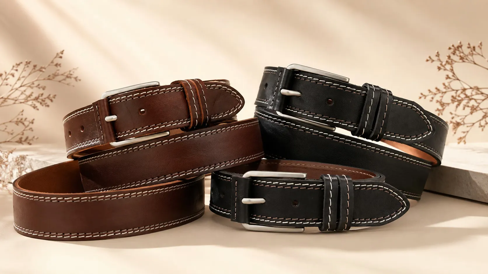 Colección de cinturones de cuero marrón y negro KingBelt enrollados